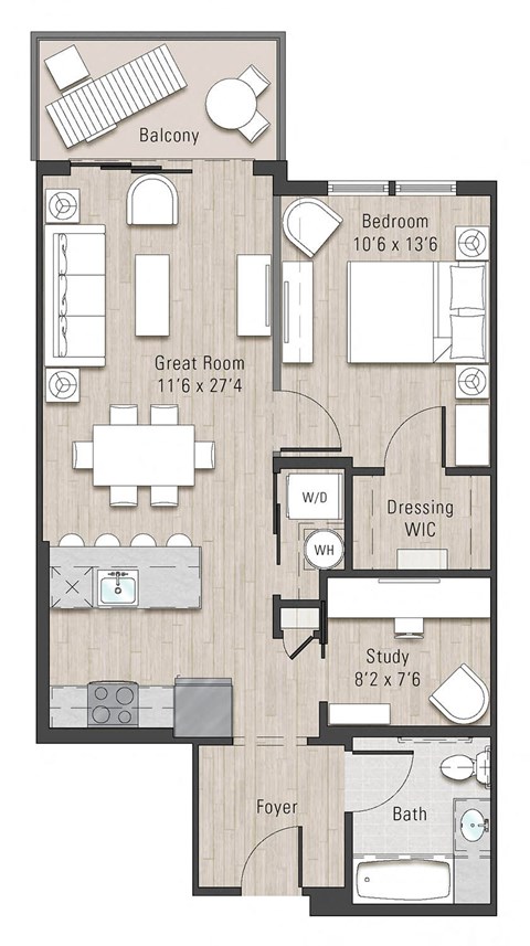 Floor plan for 1 bed, 1 bath, 755 sqft